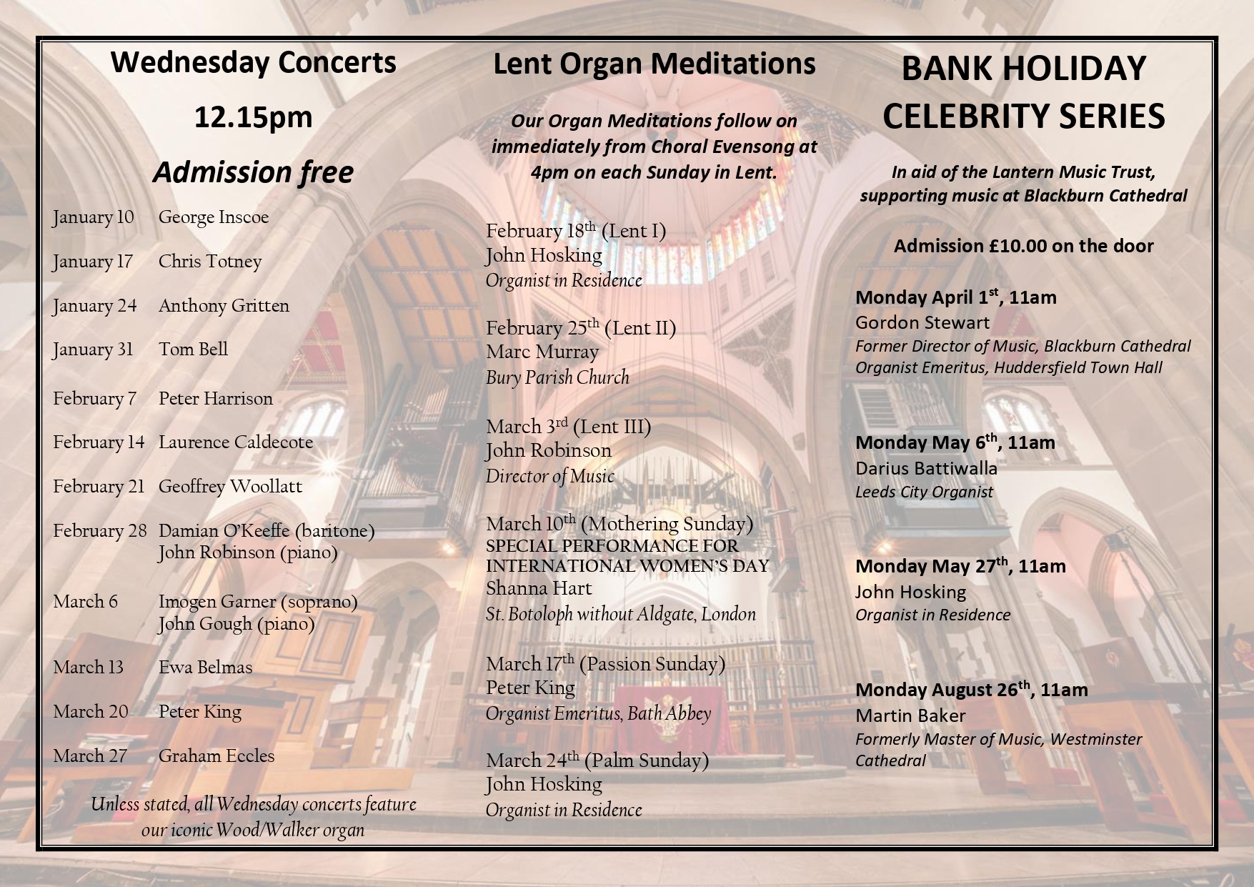 Organ concerts 2024, spring details Blackburn Cathedral